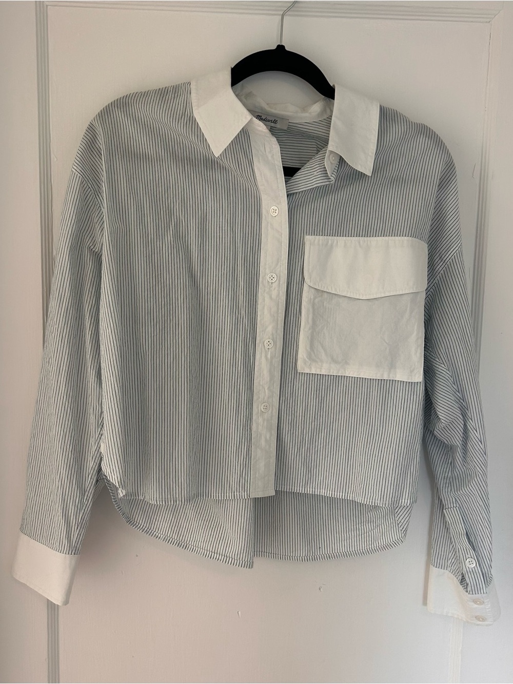 Cropped White & Light Blue Striped Madewell Button-Front Shirt